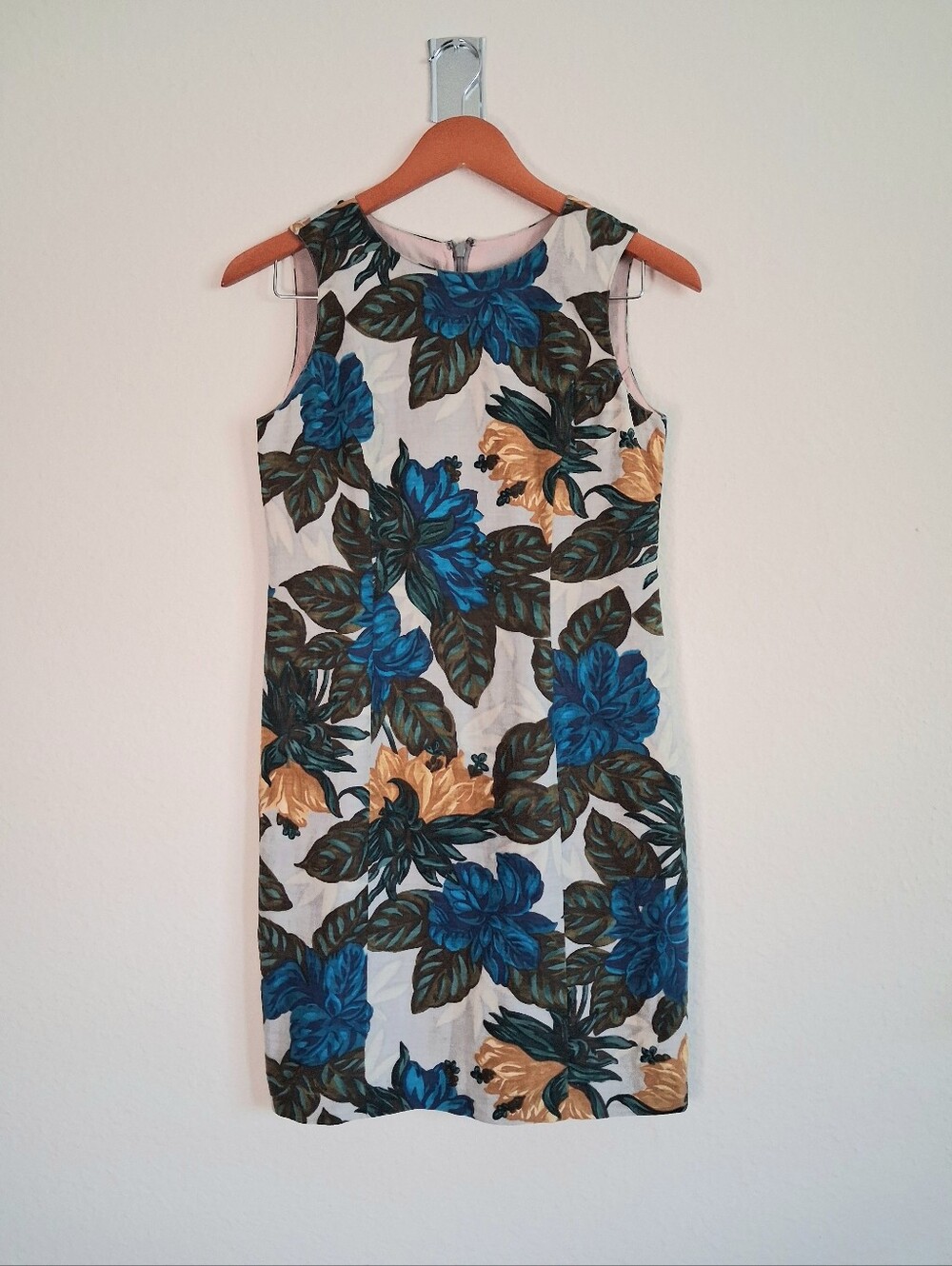 Vintage Carole Little Linen Floral Shift Dress in Blue & Gold
